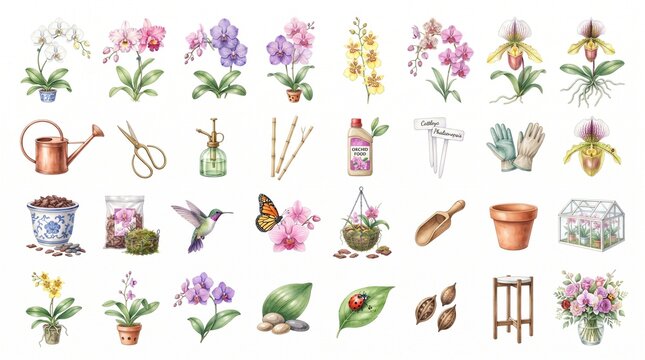 Watercolor orchid gardening collection featuring flowers, botanical tools, pots, greenhouse, and nature elements for hobbyists and garden lovers