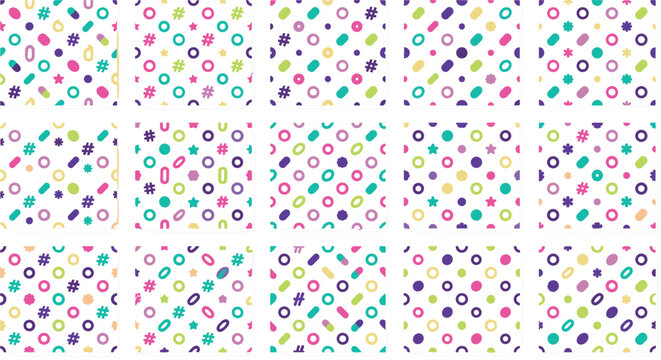 Colorful Abstract Memphis Seamless Pattern Set Featuring Geometric Circles Polka Dots Hashtags and Stars for Trendy Textile and Packaging Designs Vector Illustration
