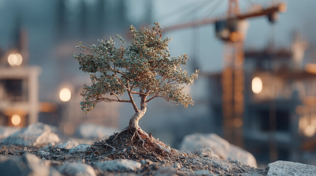 miniature tree vs a skyscraper or construction crane