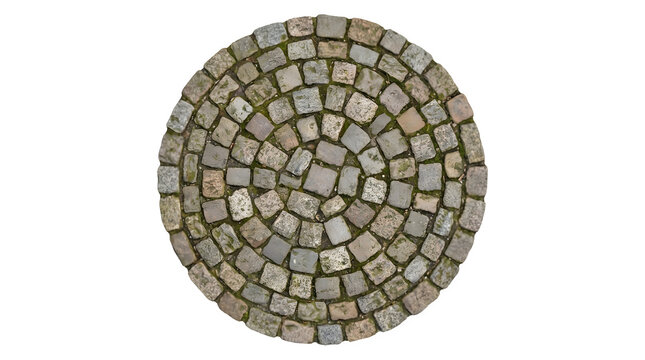 Circular cobblestone pavement isolated on white, round granite stone mosaic pattern, rustic grey paving stones for garden landscaping and architectural design