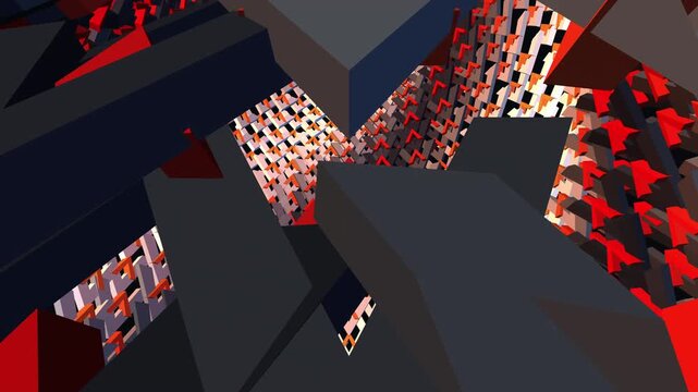 Glowing orange and grey chevron shapes rhythmically undulate in a rotating geometric cylinder, perfect for an eye-catching presentation backdrop.
