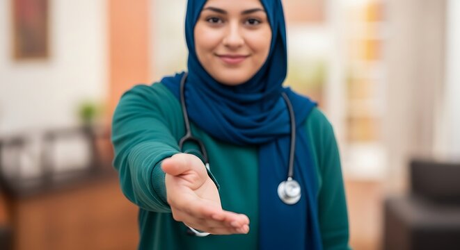 A woman in a blue hijab and green shirt offers her hand for a handshake