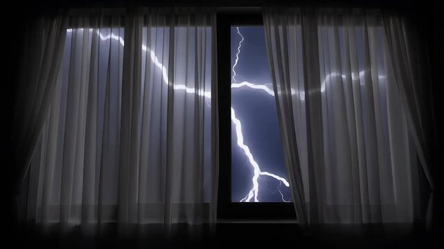 Curtains billowing wildly as bright lightning silhouettes the window frame