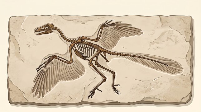 Detailed fossil illustration of an ancient prehistoric bird skeleton in limestone rock