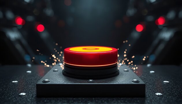 Large red emergency button sits on a dark metallic industrial control panel with glowing sparks flying in a cinematic style