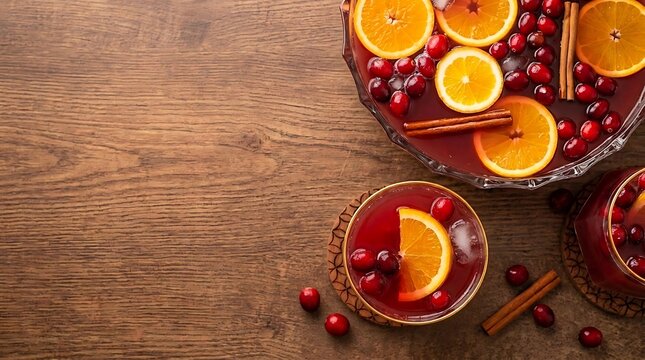 Overhead view of a festive cranberry orange punch bowl and glasses garnished with cinnamon sticks and fruit on a rustic wooden background