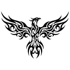Fototapeta premium Detailed black and white phoenix graphic with ornate wings and flames in flight.