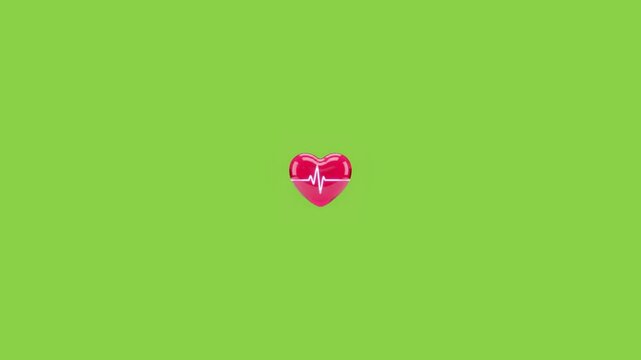 Animated glossy red hearts displaying ekg pulse rhythms floating across vibrant solid green background surface with moving horizontally across depicts three polished solid backdrop loop cardiology