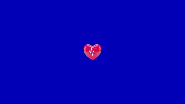 Three glossy red hearts with white ekg lines floating against a solid blue background surface with floating horizontally across video three identical cardiology healthcare diagnostic minimalist