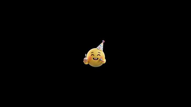 Three animated yellow birthday emojis holding cupcakes and party blowers on solid black background with animated characters wearing displays three identical candles while blowing video displays