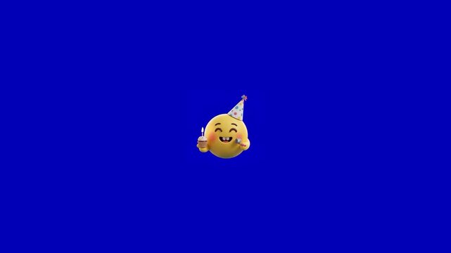 Three happy yellow emoji characters celebrating birthday events with cupcakes on solid blue background with characters wearing party displays three distinct candles against vibrant video displays