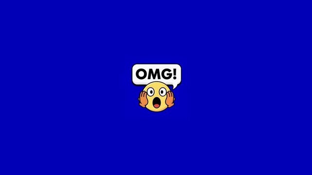 Repeating omg shocked face emoji icons animated against solid vibrant blue background for digital communication with displays horizontal sequence sequence three identical speech bubbles reading wow