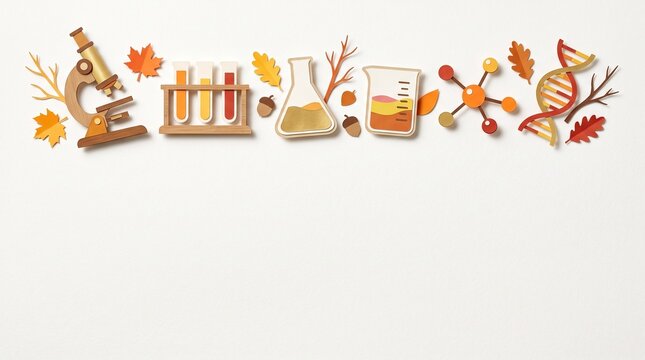 Autumn Science Border with Microscope, DNA and Laboratory Paper Cut Top Edge on White Background