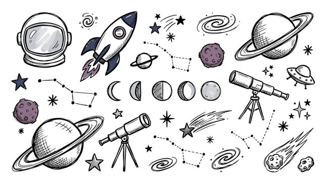 Black and white astronomy icon set.