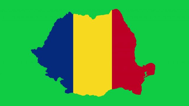 Romania map pop animation with flag colors and green background
