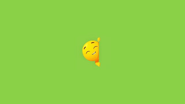 Three identical yellow cartoon emojis peeking from behind invisible vertical borders against solid green background with smiling mouths peeking video displays three out sides invisible illustration