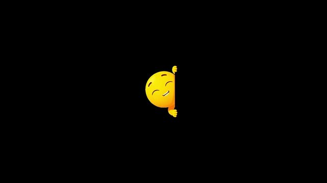 Three cheerful yellow emoticon characters peeking from behind vertical edges against a solid black background with circular characters hands displays three identical peeking out sides illustration