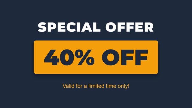 Special Offer, 40% off discount label on dark blue background, promotional advertising, symbolizing limited-time sale and urgency