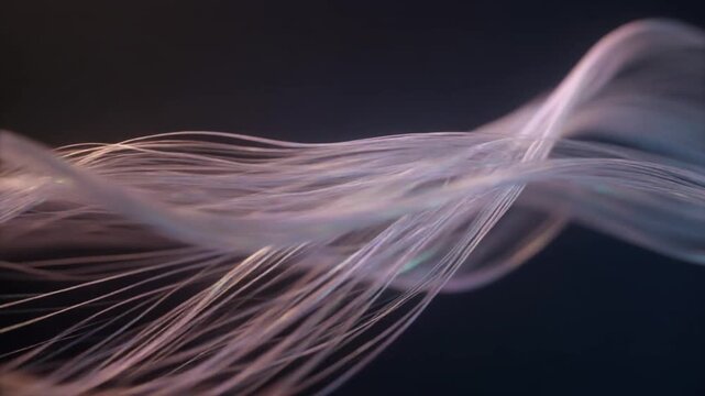 Ultra realistic microscopic silk fibers float in soft side lighting with delicate pearlescent shimmer, creating a premium luxury textile background with elegant cinematic macro detail and copy space.