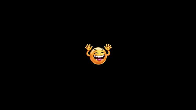 Three symmetrical yellow smiley faces displaying playful expressions with raised hands against a solid black background with displays horizontal arrangement hands tongues sticking video displays