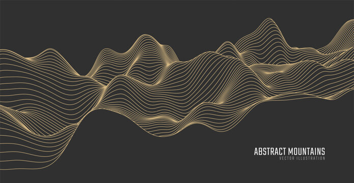 Contour mountain landscape. Waved line art. Abstract minimal topographic map. Contour lines with elevations and terrain depth. Vector illustration.