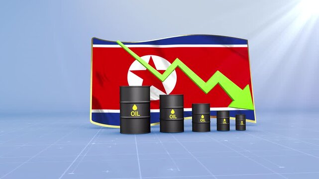 Korea North Oil Price Falling with Oil Barrels Downward Green Arrow and 3D Financial Data Visualization Graphs for Economy and Business Concept