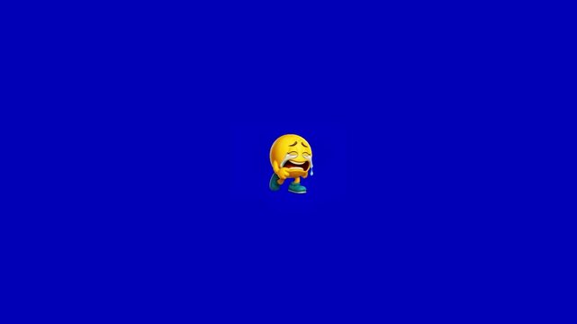 Three animated crying yellow emojis floating across a solid vibrant blue background with emojis expressive faces crying shedding tears video three cartoon bright blue screen they move across mood