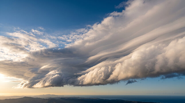 Dramatic rolling cloud waves over ocean horizon. Epic cumulus formations creating sky seascape at sunset.