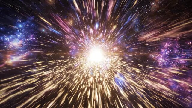 Abstract cosmic tunnel of light trails flying through hyperspace speed in a vibrant multiverse with glowing energy particles and warp effects