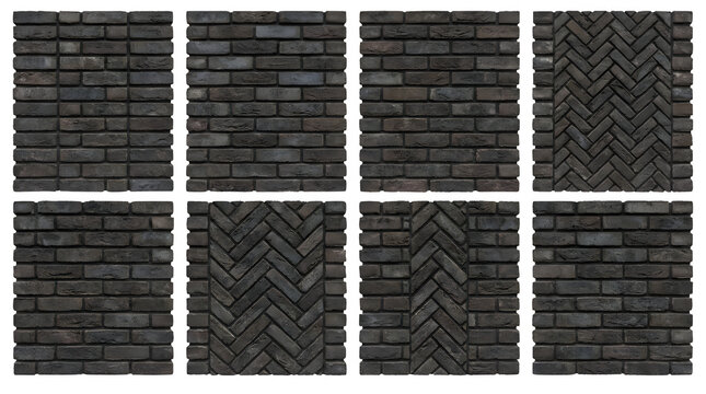 Dark charcoal brick wall textures, collection of 8 architectural masonry patterns, black brickwork with herringbone and running bond layouts