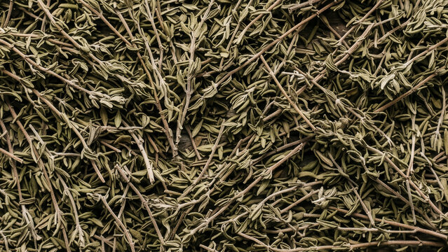Pile of dried thyme herb texture background