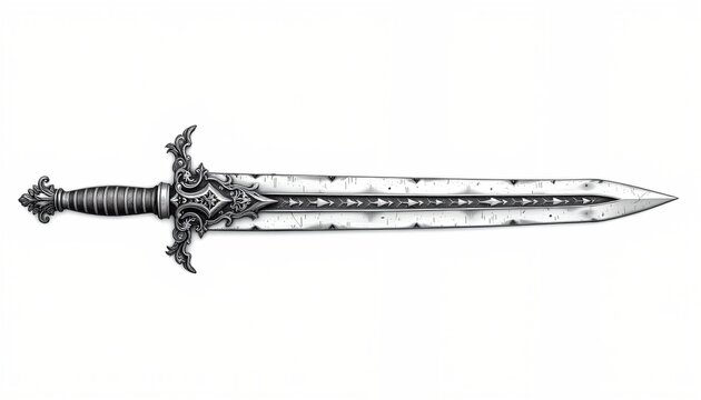 The image showcases a highly detailed, ornate sword with a long, straight blade that tapers to a sharp point
