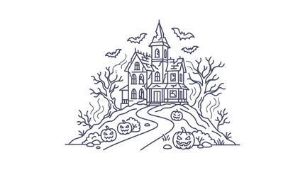 Obraz premium Spooky Halloween Haunted House on Hill with Pumpkins and Bats