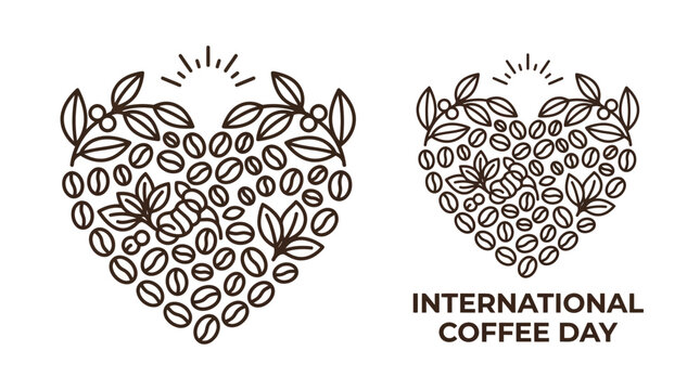 Heart shape coffee beans and leaves logo with sun rays, International Coffee Day celebration