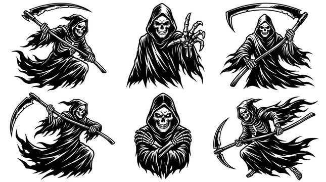 Set of black and white grim reaper illustrations.