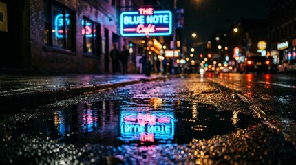 Obraz premium Vibrant City Night Reflections on Wet Pavement with Neon Cafe Sign