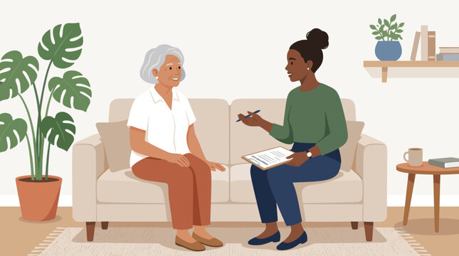 Social worker interviewing senior woman at home
