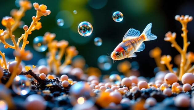 A small fish with vibrant orange and white coloration swims among round, bubble like objects and coral structures in an underwater scene