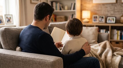Loving father reading a storybook to his young son on the living room sofa © Karyati