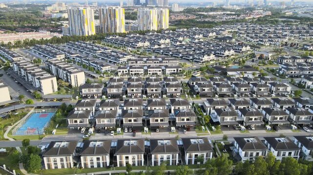 4K Static Drone Aerial of Modern Residential Development in Shah Alam captures contemporary housing, residential towers, landscaped streets, and planned suburban neighbourhoods.