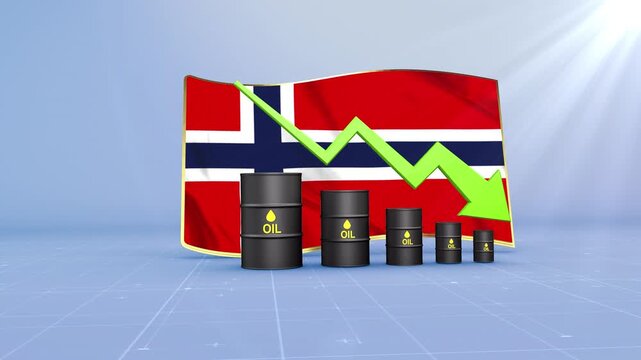 Norway Oil Price Falling with Oil Barrels Downward Green Arrow and 3D Financial Data Visualization Graphs for Economy and Business Concept