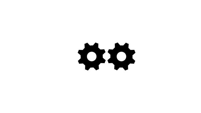 Two black gears interlocking spinning loop animation on white background, 2 industrial gearwheels rotating together concept for connection machinery mechanism process backdrop design.