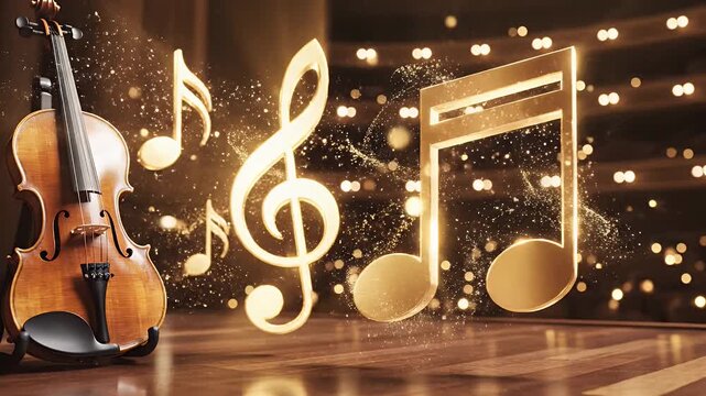 Violin resting on a stage beside glowing golden musical notes radiates a sense of elegant performance art and classical melody in a warm, ambient atmosphere that captures the soul of orchestral music.
