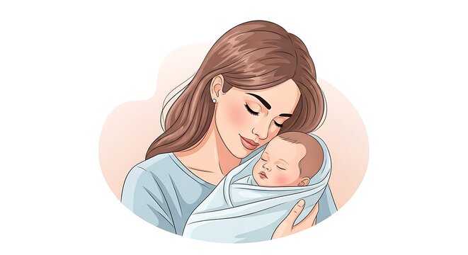 A woman with long brown hair gently holds and looks at a swaddled baby
