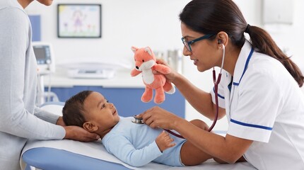 Fototapeta premium Pediatrics. Female pediatrician examining a smiling African American baby with a stethoscope and plush fox in a clinic
