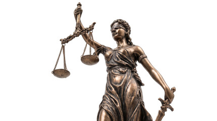 Bronze Justice Statue holding scales and sword in balanced pose against bright studio lighting Isolated on transparent background © Rakib