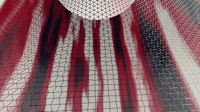 Seamlessly shifting cream, crimson, and indigo fabric threads flow continuously, creating an immersive cultural wallpaper perfect for elegant event visual backdrops.