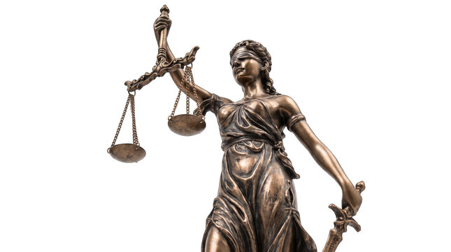Bronze Justice Statue holding scales and sword in balanced pose against bright studio lighting Isolated on transparent background