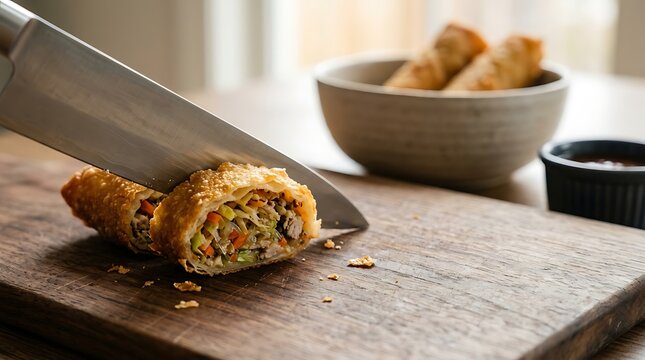 Sharp knife cutting a crispy golden egg roll on a wooden board