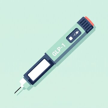 Endocrinology. GLP-1 injectable medication pen illustration for diabetes treatment, obesity therapy, blood sugar control and medical weight management